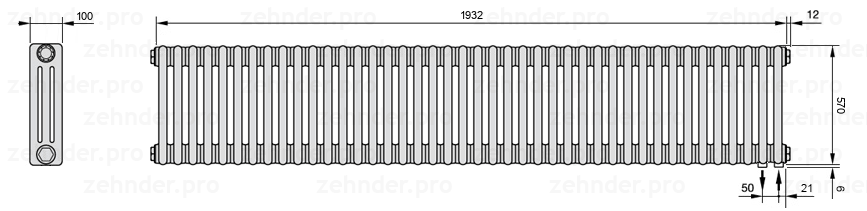 Схема (чертеж) Радиатор Zehnder Charleston 3057/42 №5510 Белый глянцевый RAL 9016